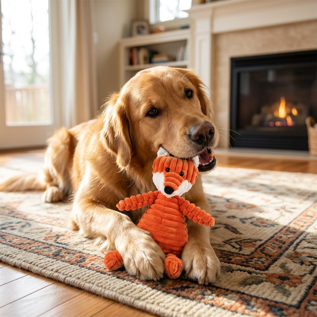 Dog playing with an orange fox toy on a rug in a cozy living room.