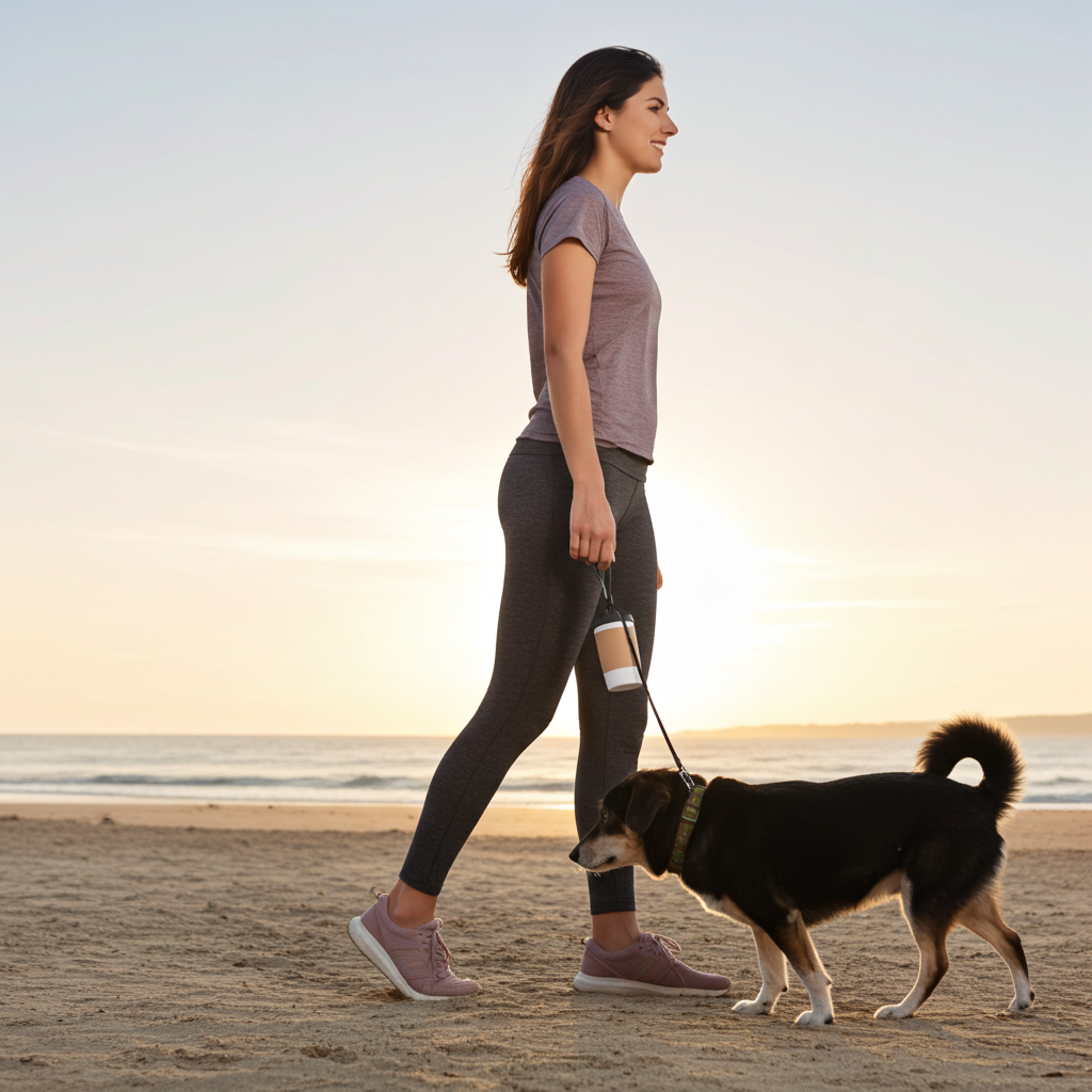 Woman walking a dog on a beach at sunset