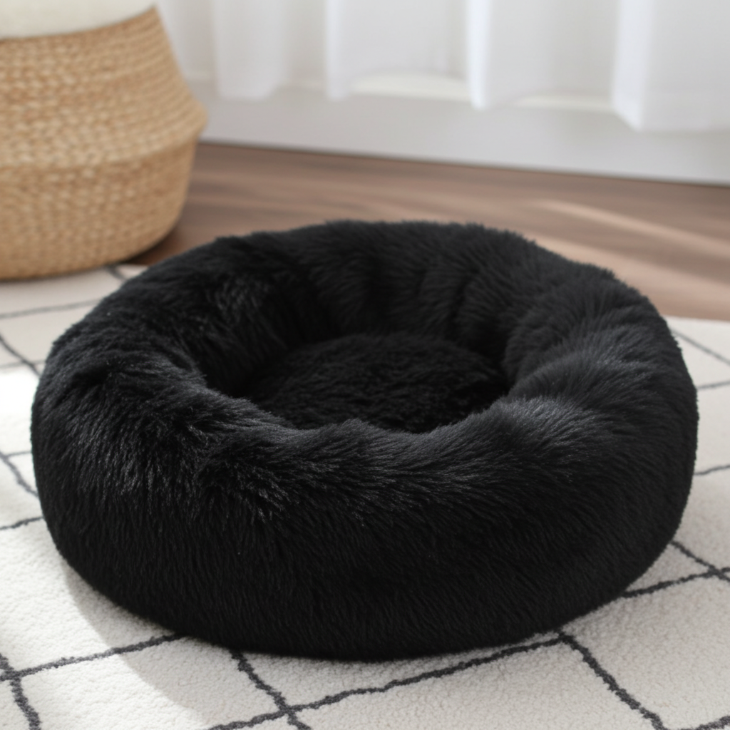 Black fluffy pet bed on a checkered floor with a woven basket in the background