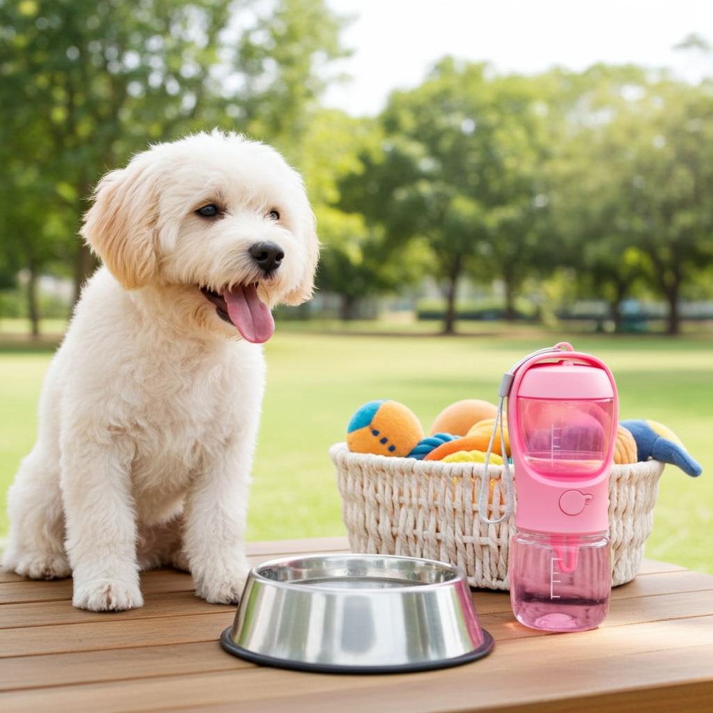 White dog sitting outdoors with a pink water bottle, metal bowl, and basket of toys on a wooden table.