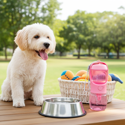 White dog sitting outdoors with a pink water bottle, metal bowl, and basket of toys on a wooden table.
