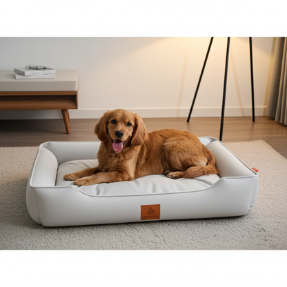 Dog lying on a white pet bed in a room with a wooden floor and a lamp in the background.