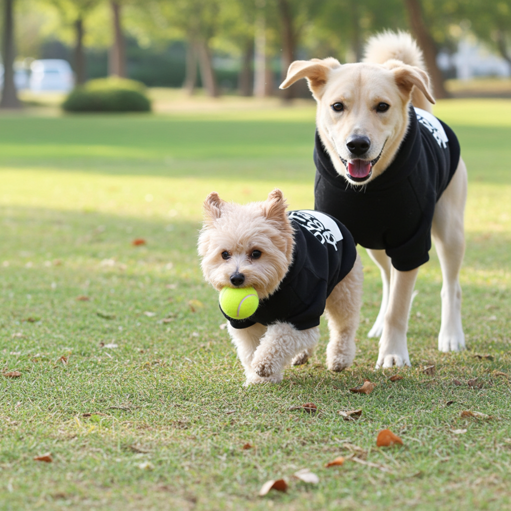 Two dogs wearing black jackets with a tennis ball in a park