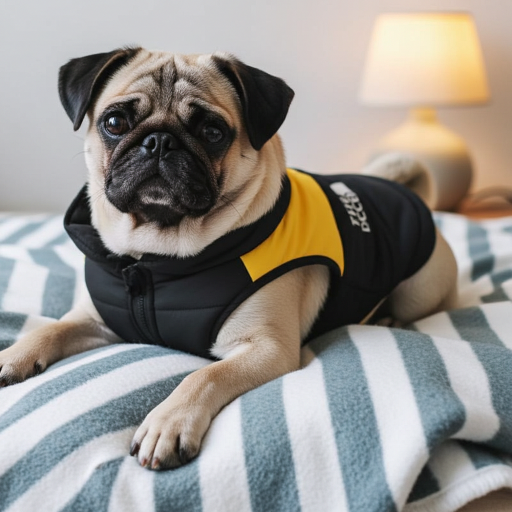 Pug dog relaxing on a striped blanket while wearing a black and yellow The Dog Face jacket.