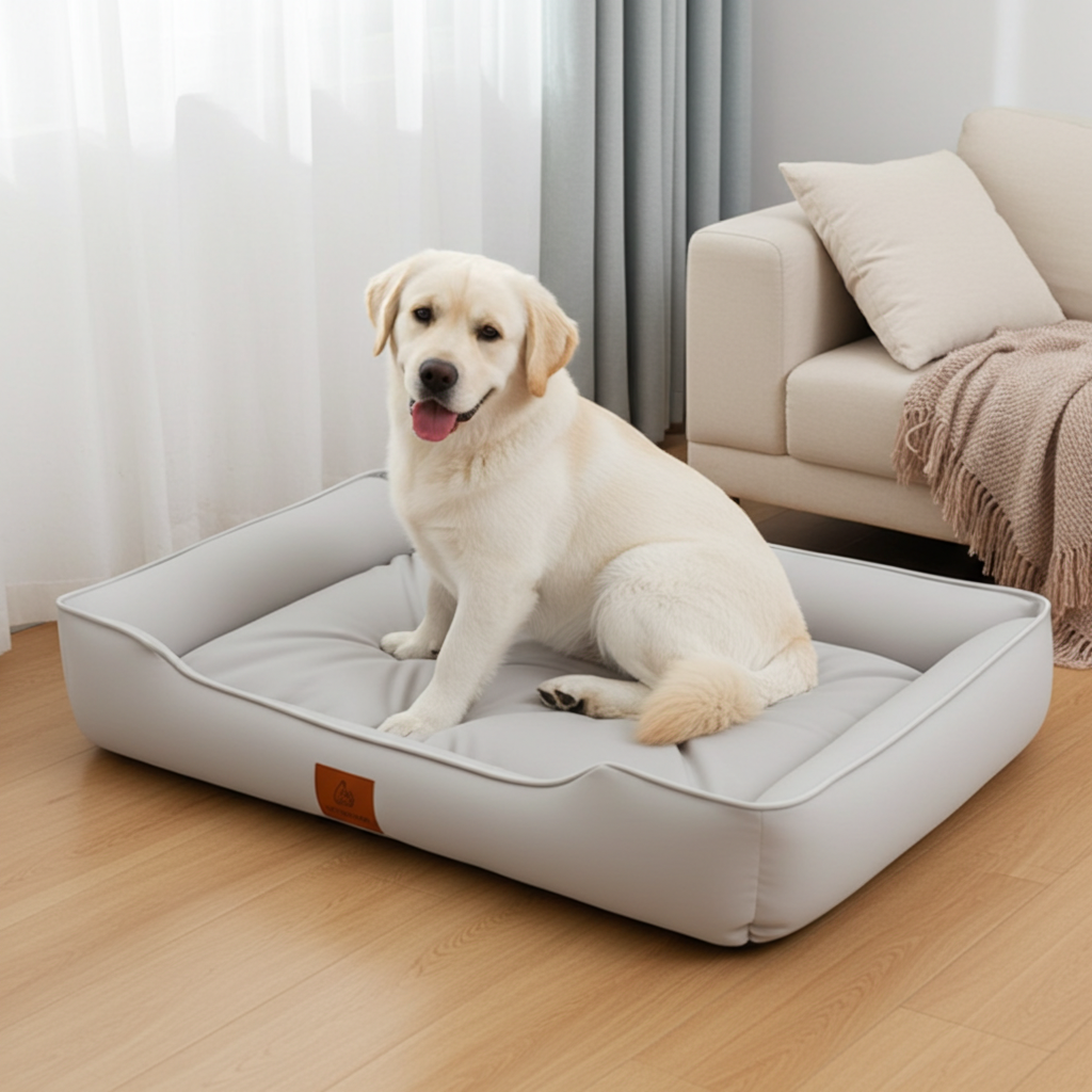 Dog sitting on a large pet bed in a living room.