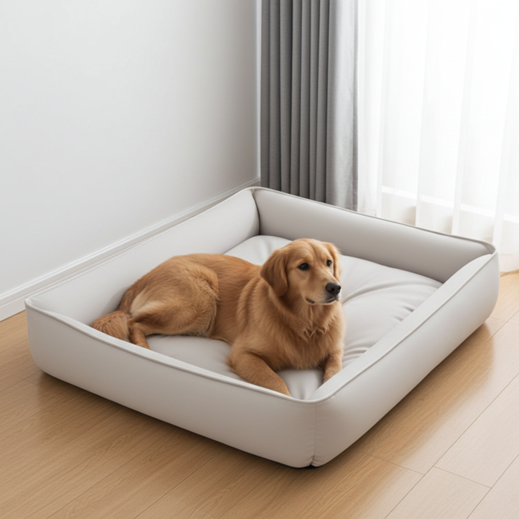 Dog lying on a large white pet bed in a room with light wood flooring and white walls.