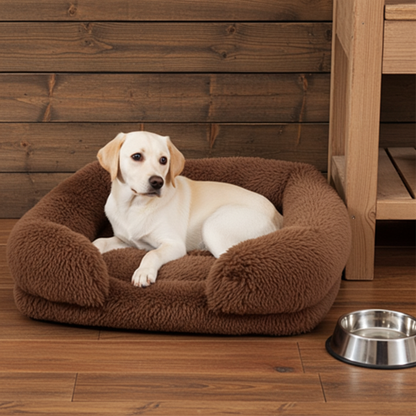 Dog lying on a brown pet bed with a wooden floor and furniture in the background