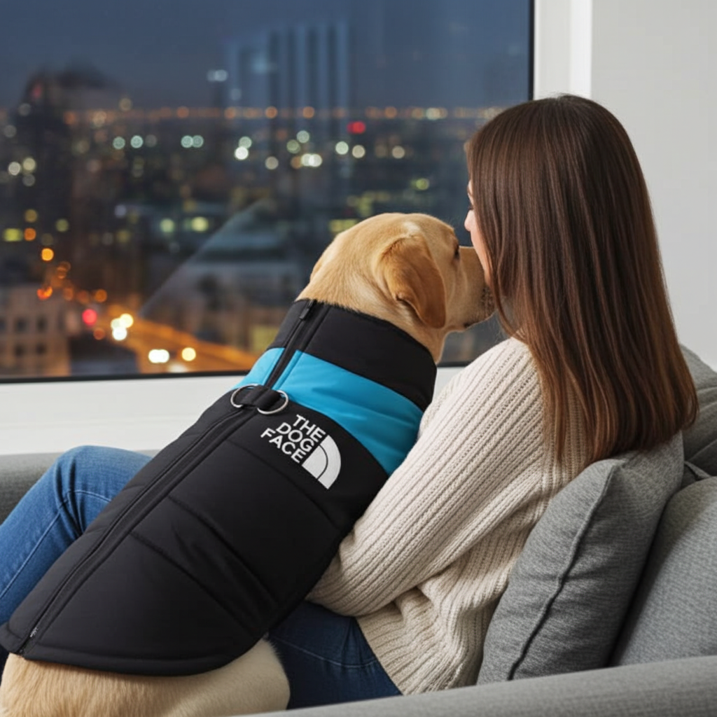 Dog in black and blue The Dog Face jacket sitting on a couch with owner, looking out the window at night city lights.