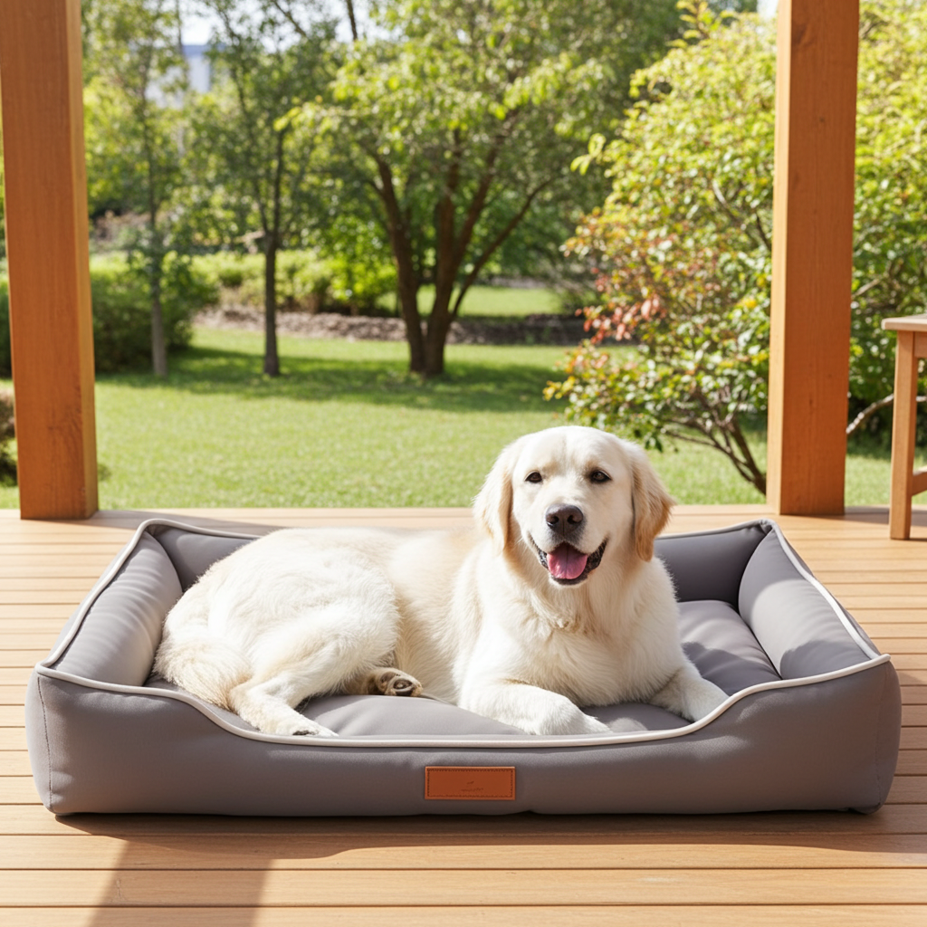 Dog lying on a gray pet bed outdoors with greenery in the background