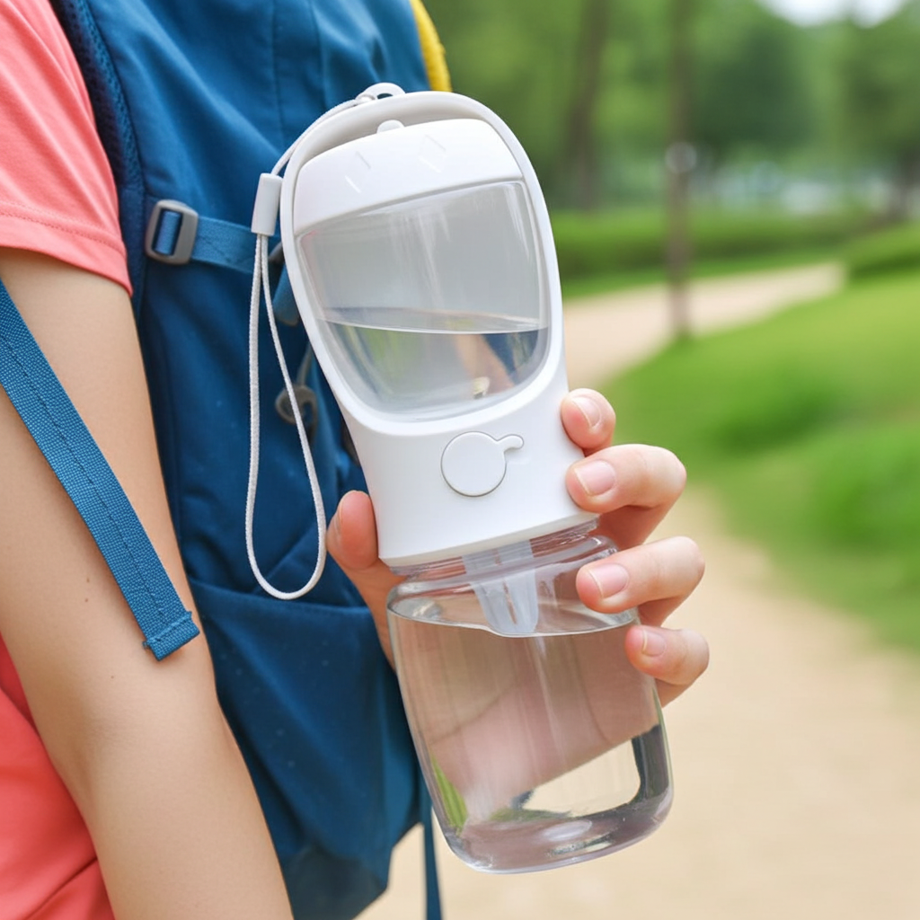 Person holding a clear water bottle with a white cap outdoors
