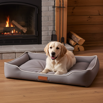 Dog lying on a gray pet bed in front of a fireplace