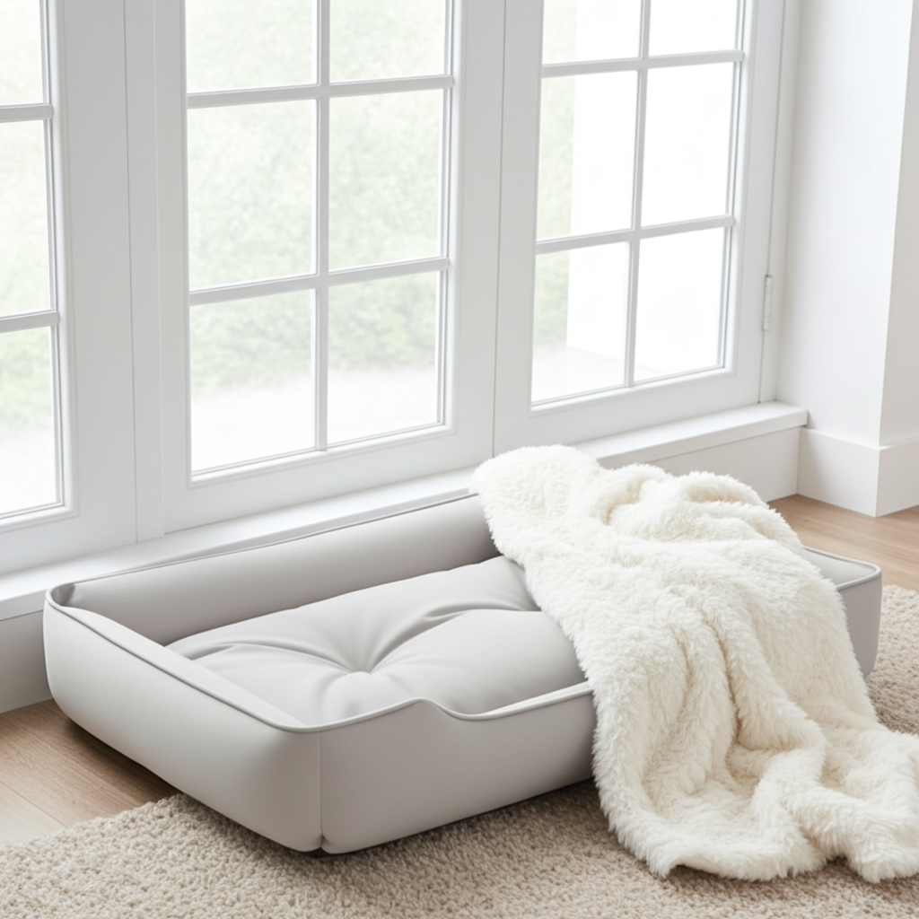 White pet bed with a fluffy white blanket in a room with large windows.