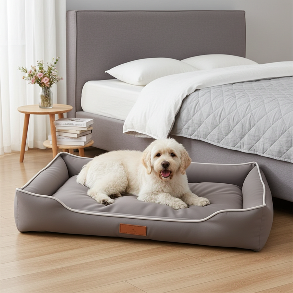 Dog lying on a gray pet bed in a bedroom with a bed and side table in the background.