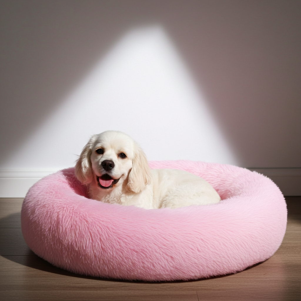 Dog lying on a pink fluffy pet bed with a spotlight effect