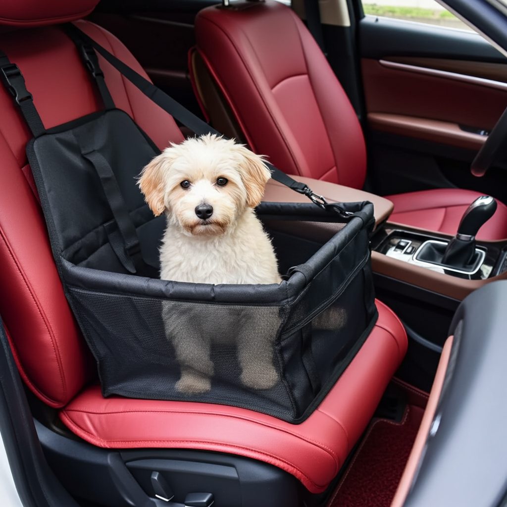 Small dog in foldable car booster seat