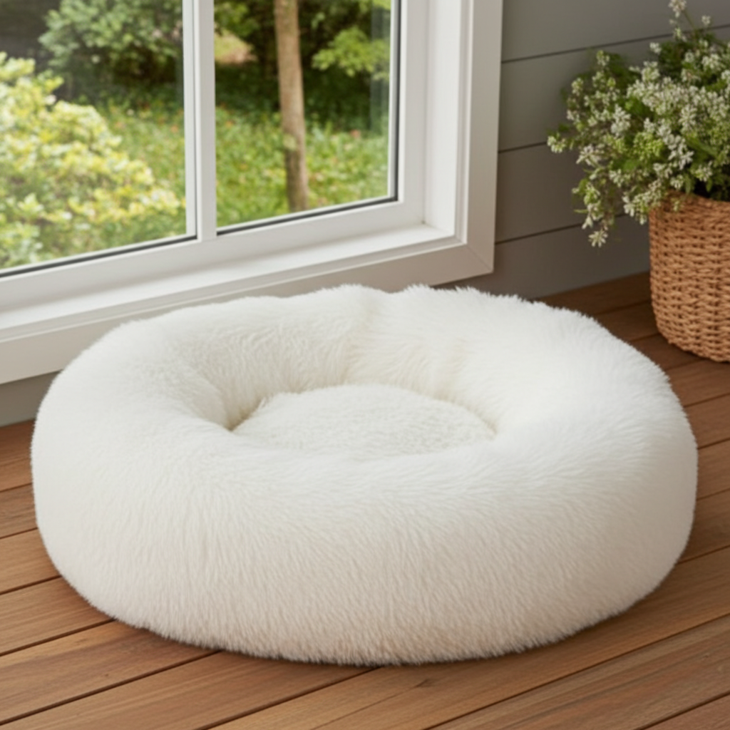 White fluffy donut bed on a wooden floor with a window and plants in the background