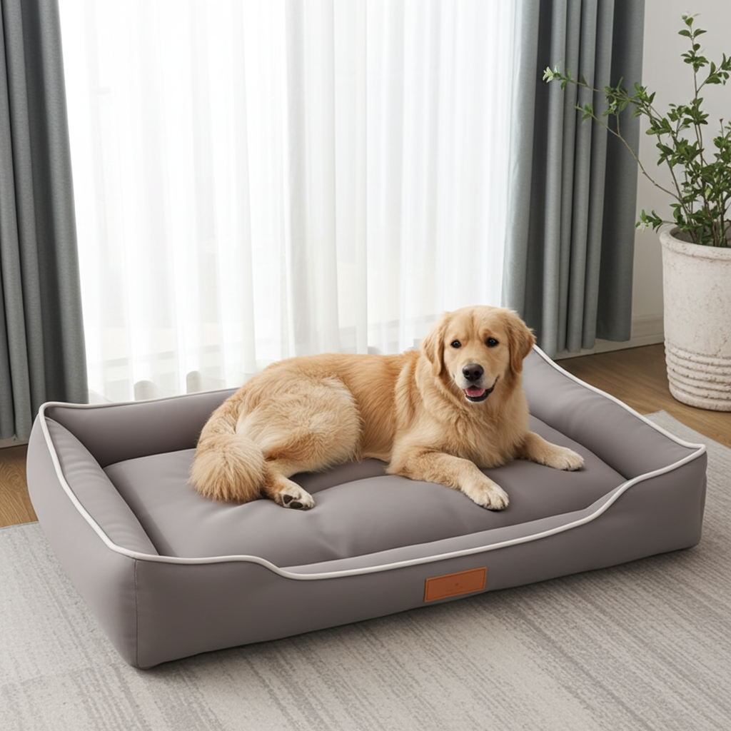 Dog lying on a gray pet bed in a room with curtains and a plant.