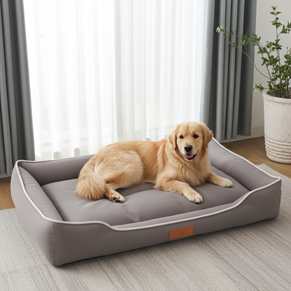 Dog lying on a gray pet bed in a room with curtains and a plant.
