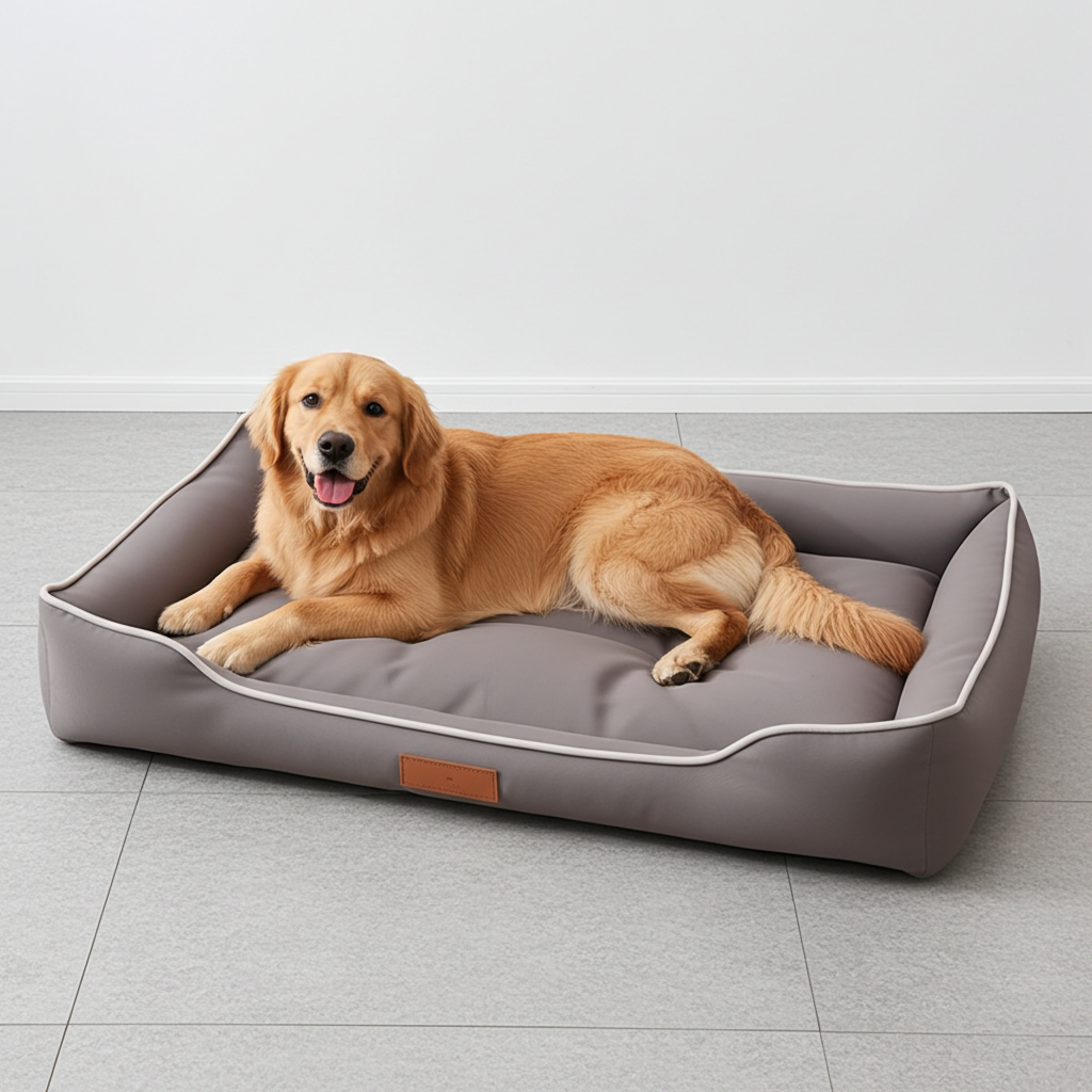 Dog lying on a gray pet bed with a white background