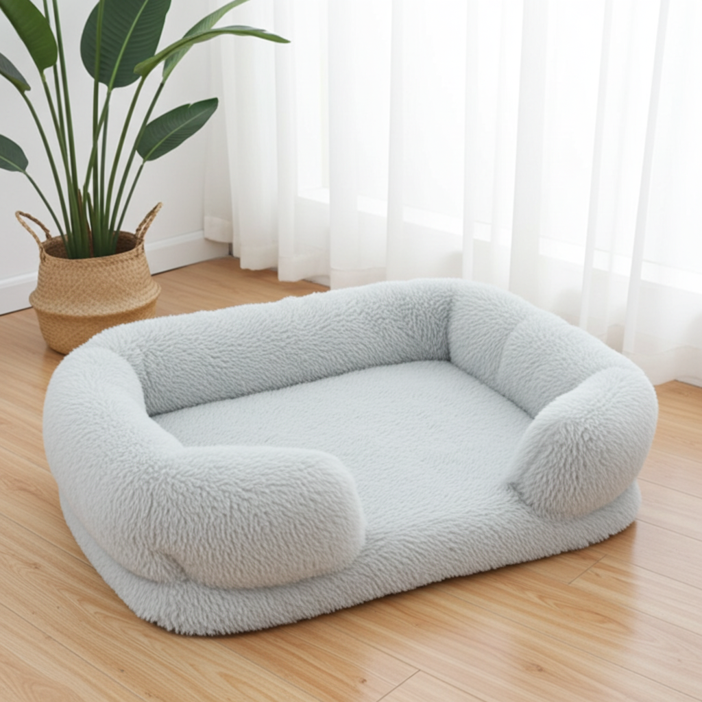 Fluffy pet bed on a wooden floor with a plant and curtains in the background