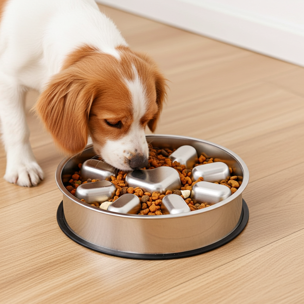 Dog eating from a metal bowl filled with kibble on a wooden floor.
