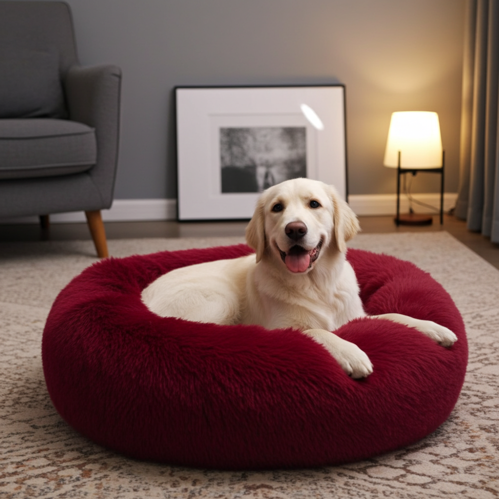 Dog lying on a red fluffy pet bed in a cozy living room.
