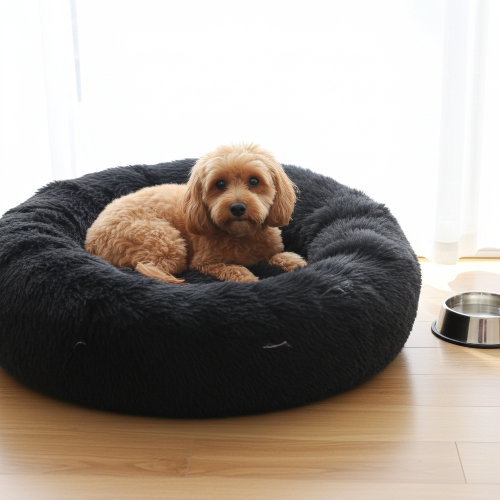 Dog lying on a dark gray fluffy pet bed in a room with a light wooden floor.