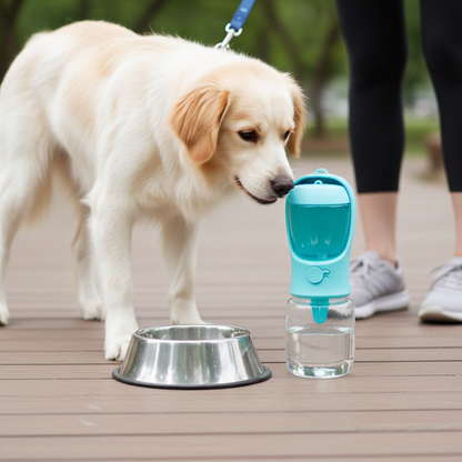 Dog drinking water from a blue pet water bottle on a wooden deck.