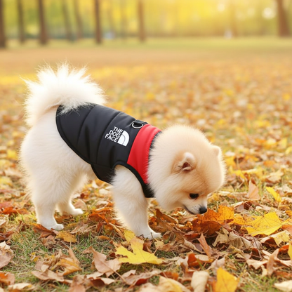 Pomeranian dog exploring autumn leaves while wearing a black and red The Dog Face jacket.