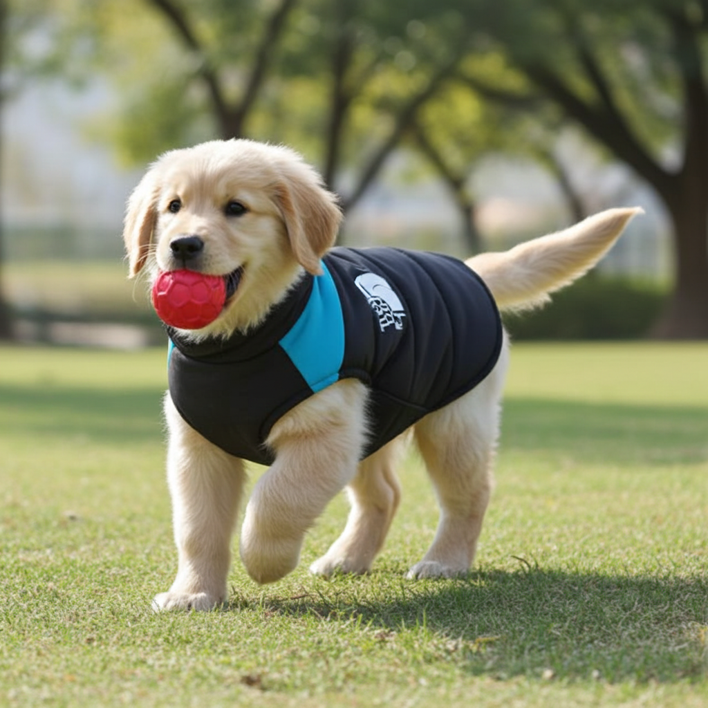 Golden Retriever puppy playing with a red ball while wearing a black and blue The Dog Face jacket in a green park.