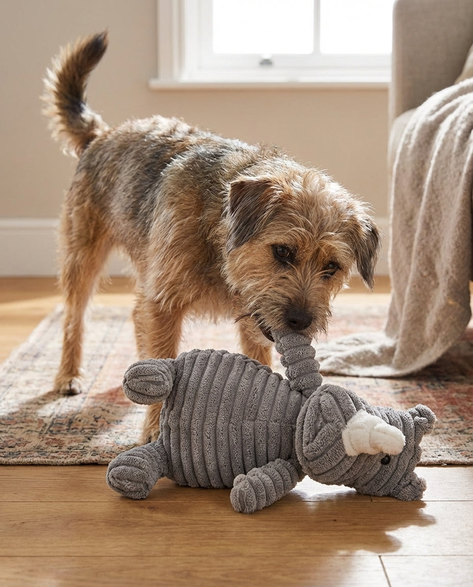 Dog playing with a gray elephant toy on a wooden floor.