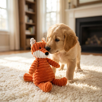 Puppy playing with an orange plush toy on a carpeted floor.