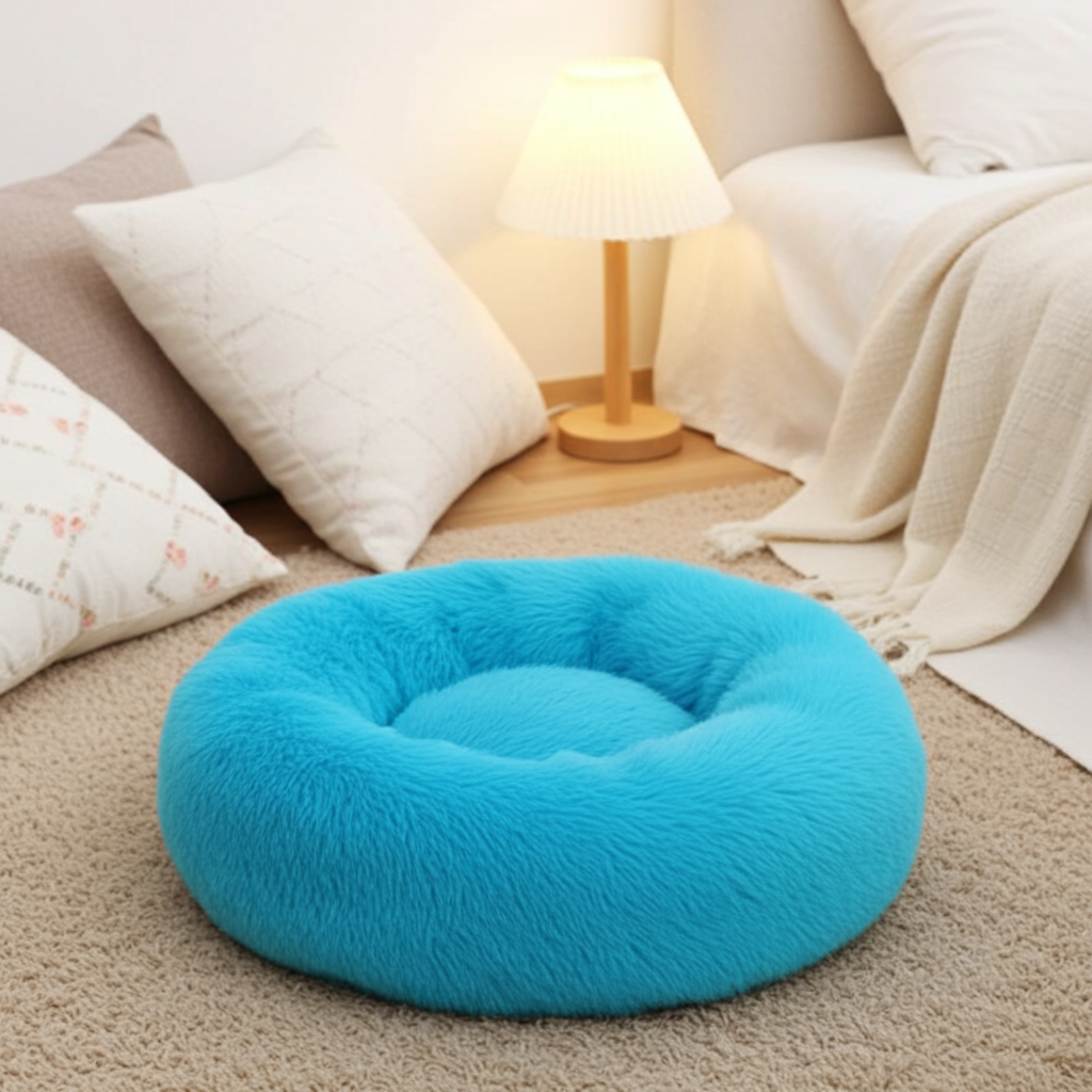 Turquoise donut pet bed on a carpeted floor with pillows and a lamp in the background