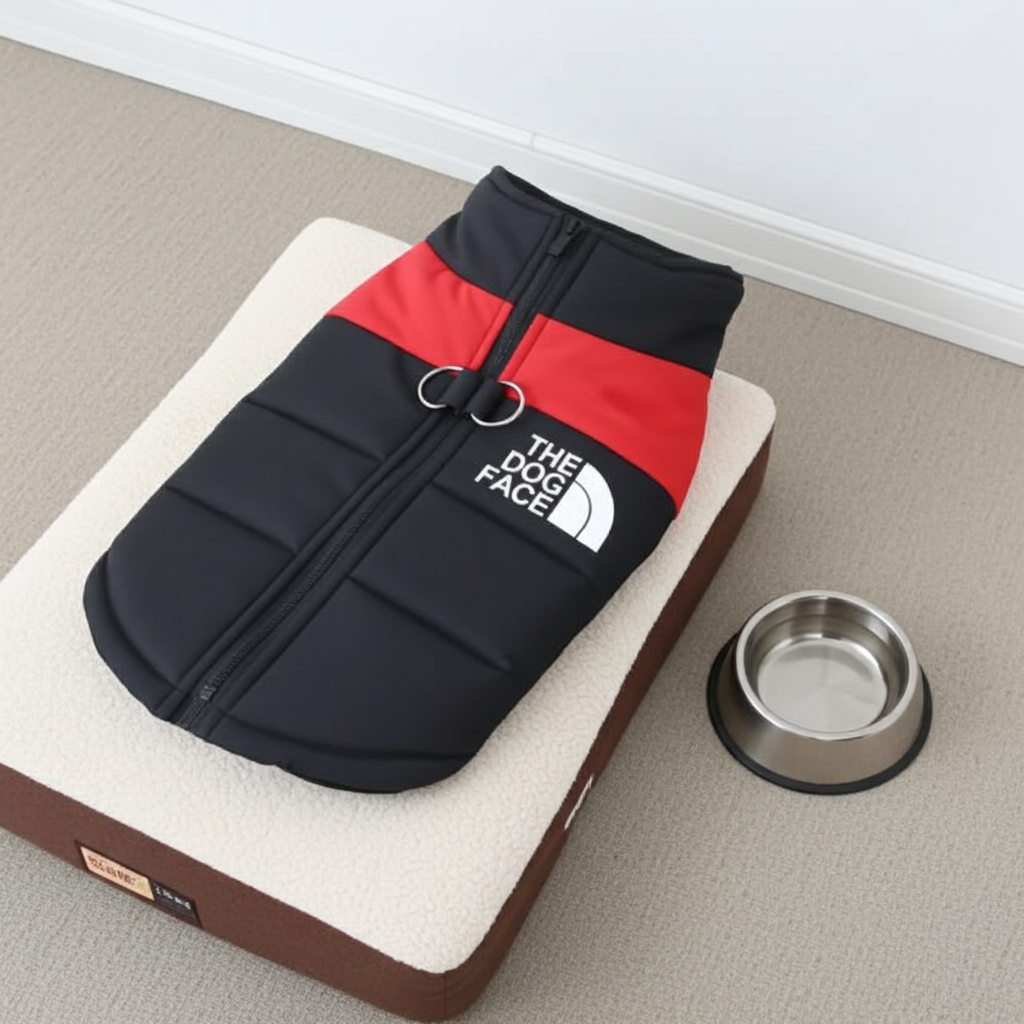 Black and red The Dog Face dog jacket displayed on a pet bed next to a stainless steel water bowl.