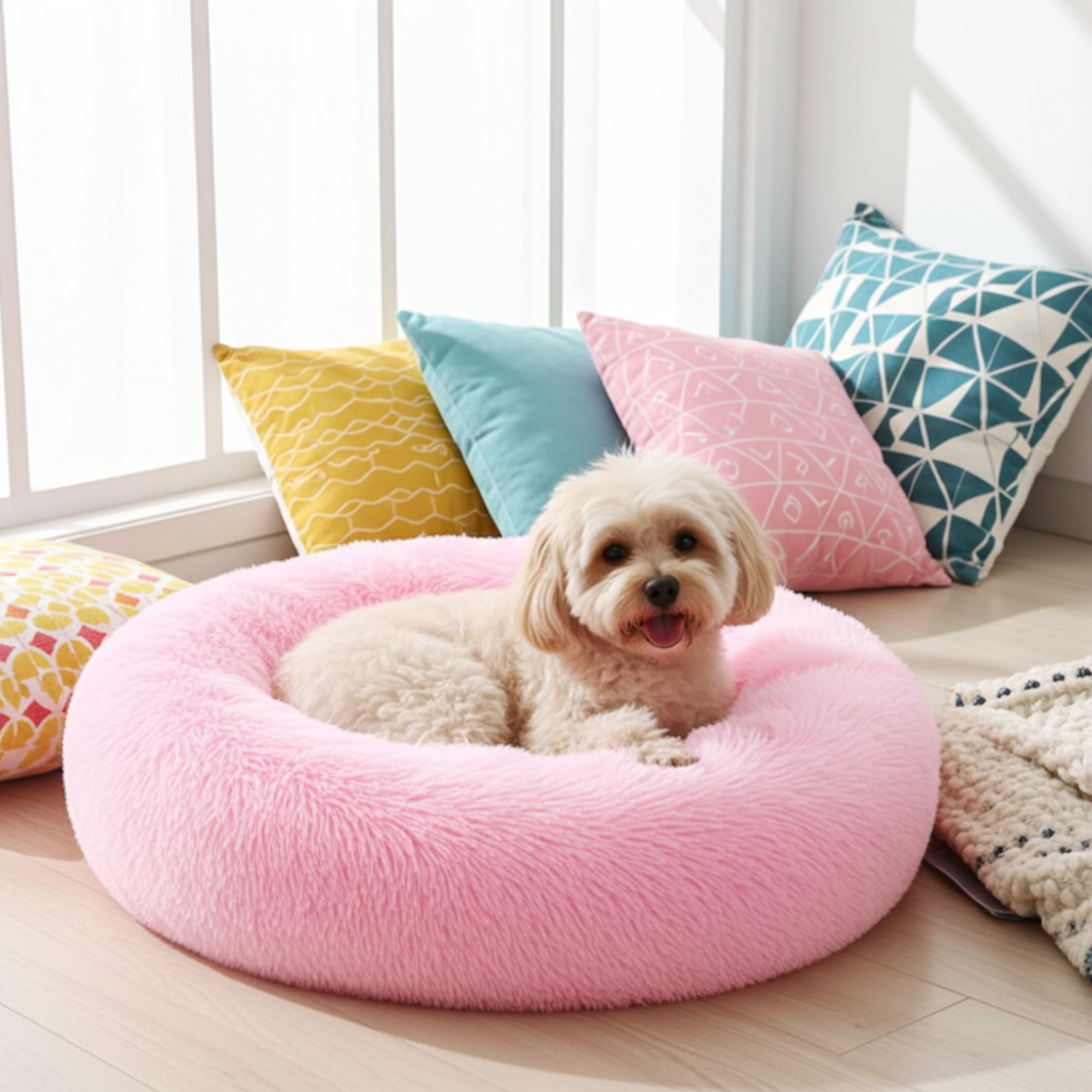 Dog lying on a pink donut bed with colorful pillows in the background