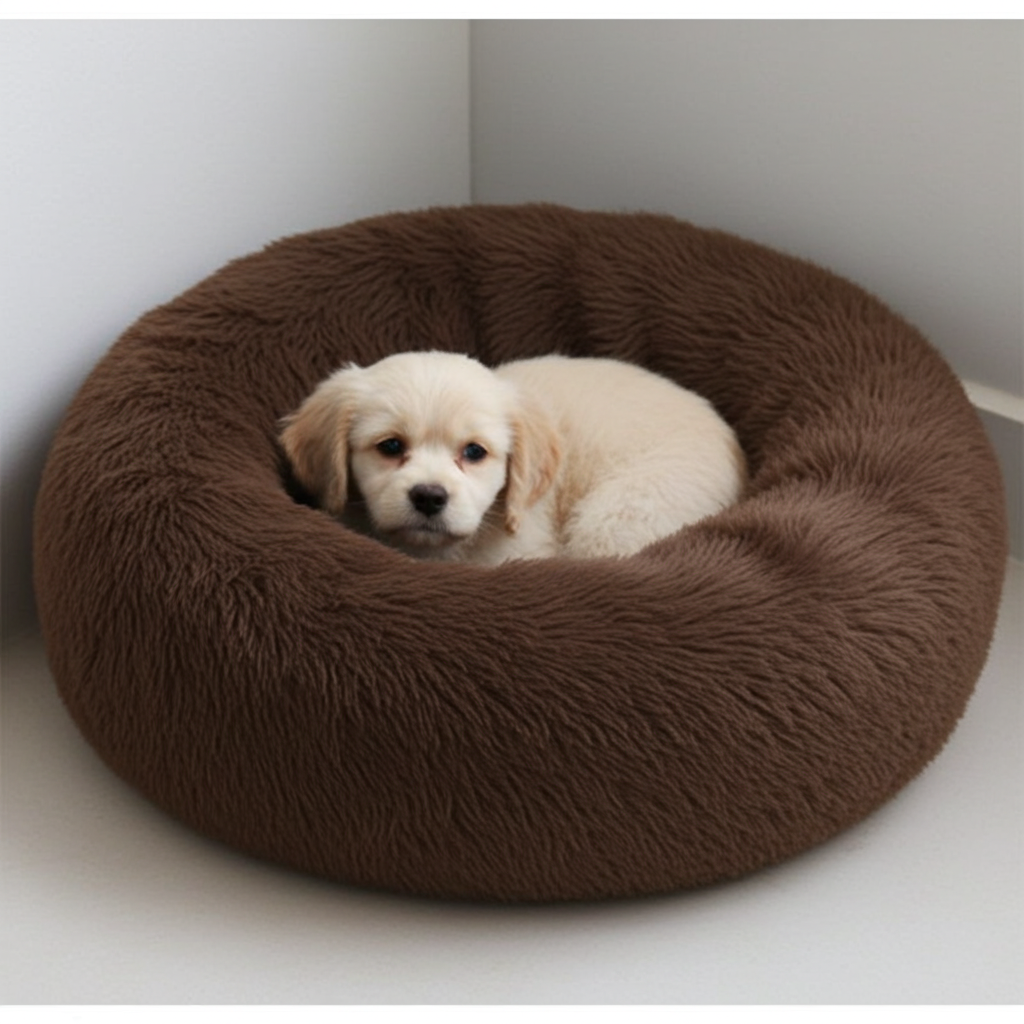 Dog lying on a brown fluffy donut bed against a white wall.