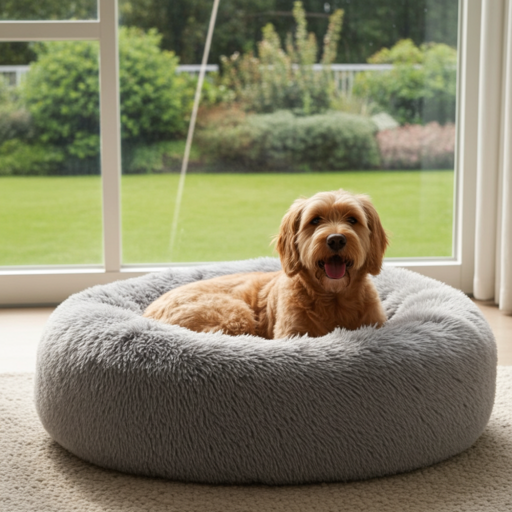 Dog sitting on a fluffy gray pet bed in a room with a large window showing a garden view.