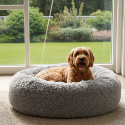 Dog sitting on a fluffy gray pet bed in a room with a large window showing a garden view.