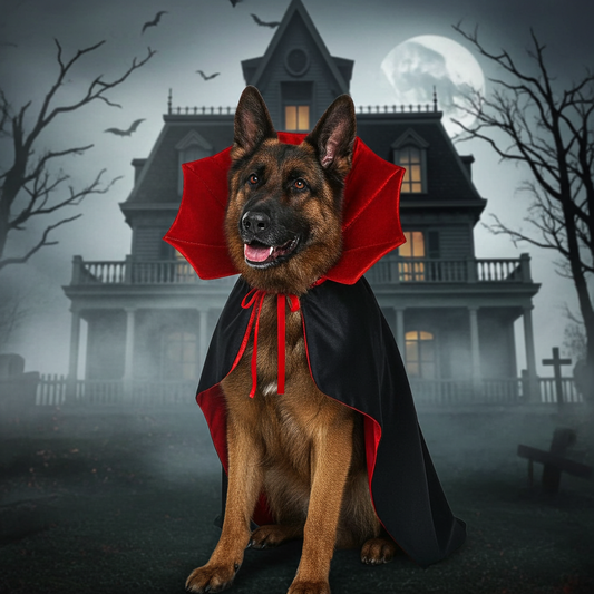 Dog in a vampire costume with a haunted house in the background