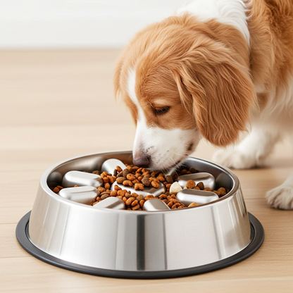 Dog eating from a metal bowl filled with kibble on a wooden floor.