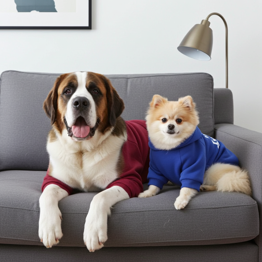 Two dogs, a Saint Bernard and a Pomeranian, wearing colorful sweaters sitting on a gray couch.
