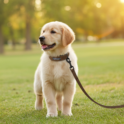 Puppy on a leash standing in a park with trees and grass in the background