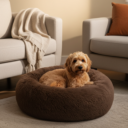 Dog lying on a brown fluffy dog bed in a cozy living room.