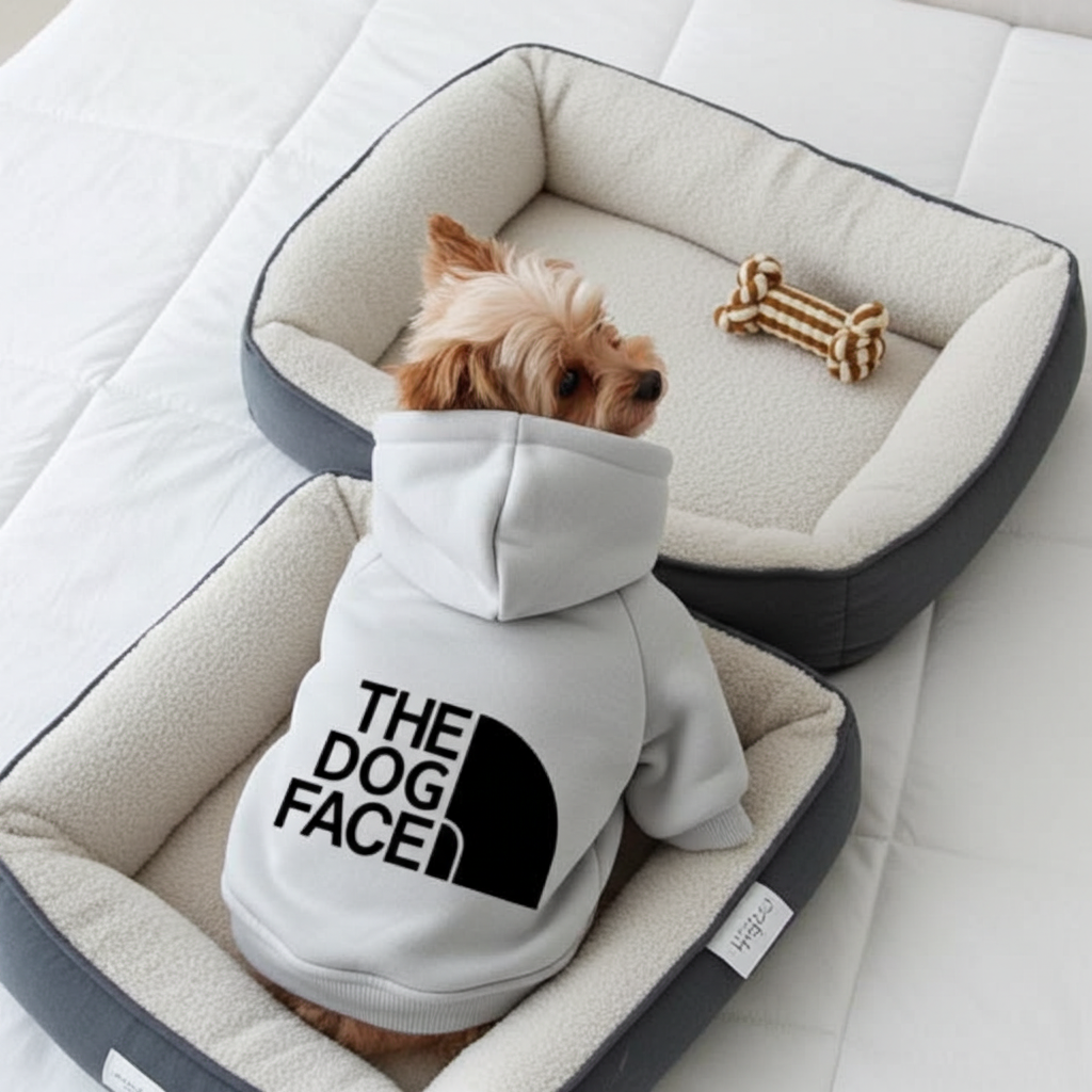 Dog wearing a hoodie with 'The Dog Face' text in a pet bed on a white couch.