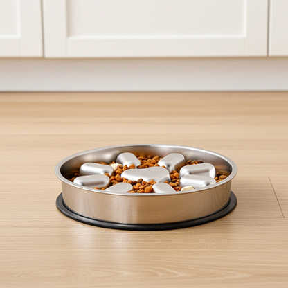 Stainless steel pet food bowl with pet food on a wooden floor.