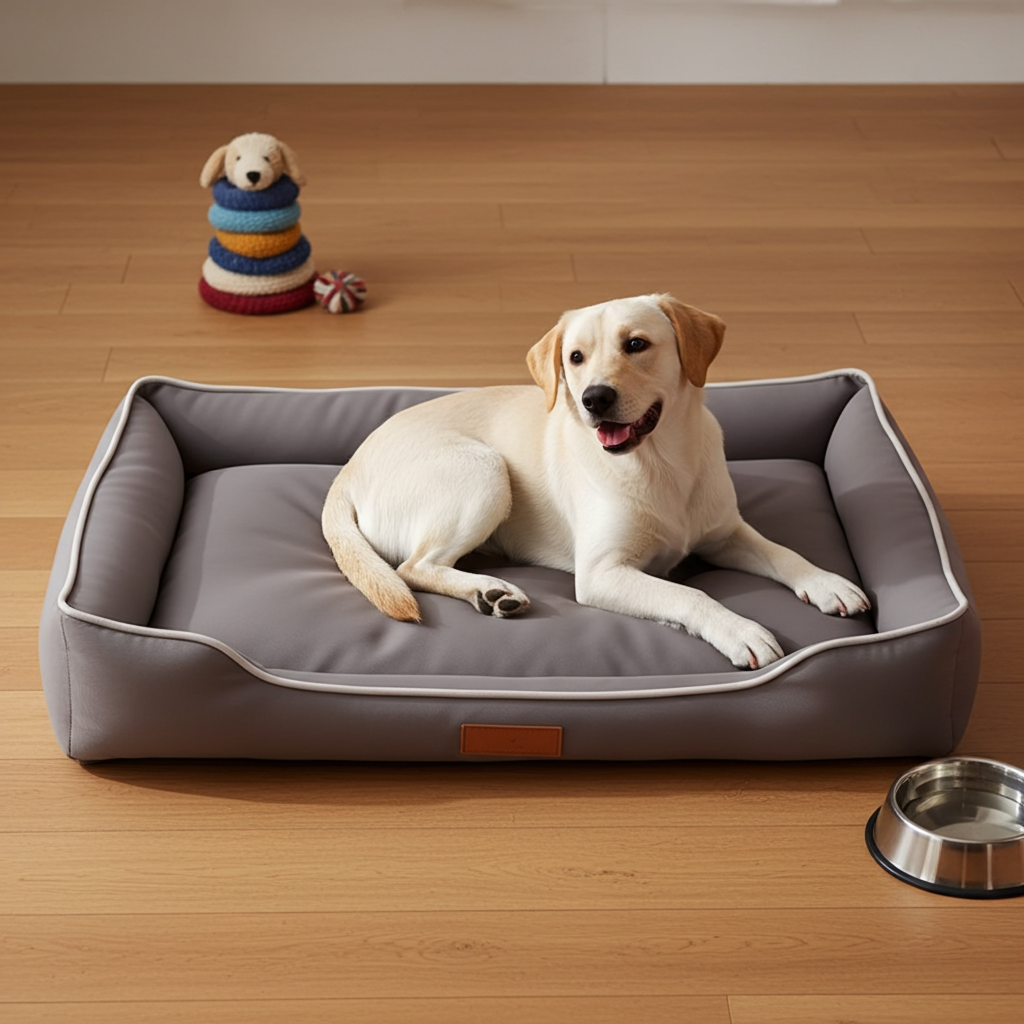 Dog lying on a gray pet bed with toys and a bowl in the background