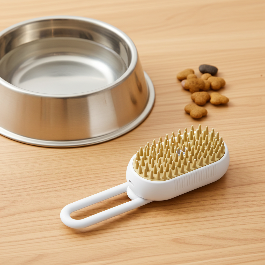 Pet grooming brush on a wooden surface with a metal bowl and dog treats in the background.