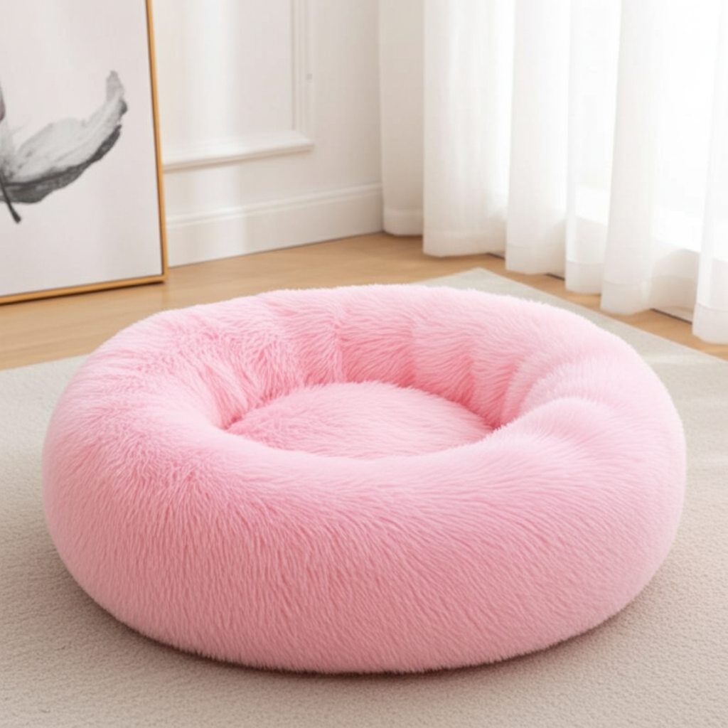 Pink donut pet bed on a light-colored floor with a neutral background