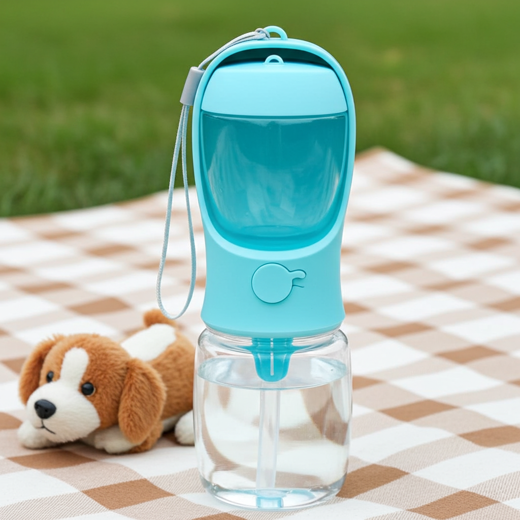 Blue pet water bottle with clear container on a checkered blanket outdoors