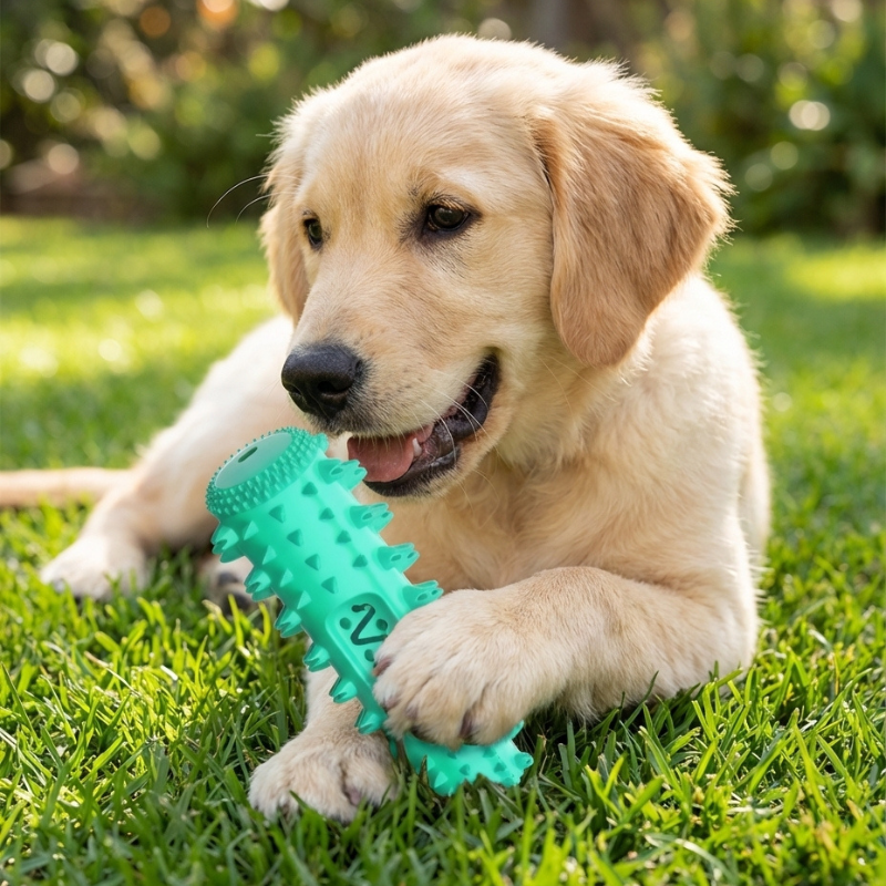 Puppy playing with a green rubber toy on grass